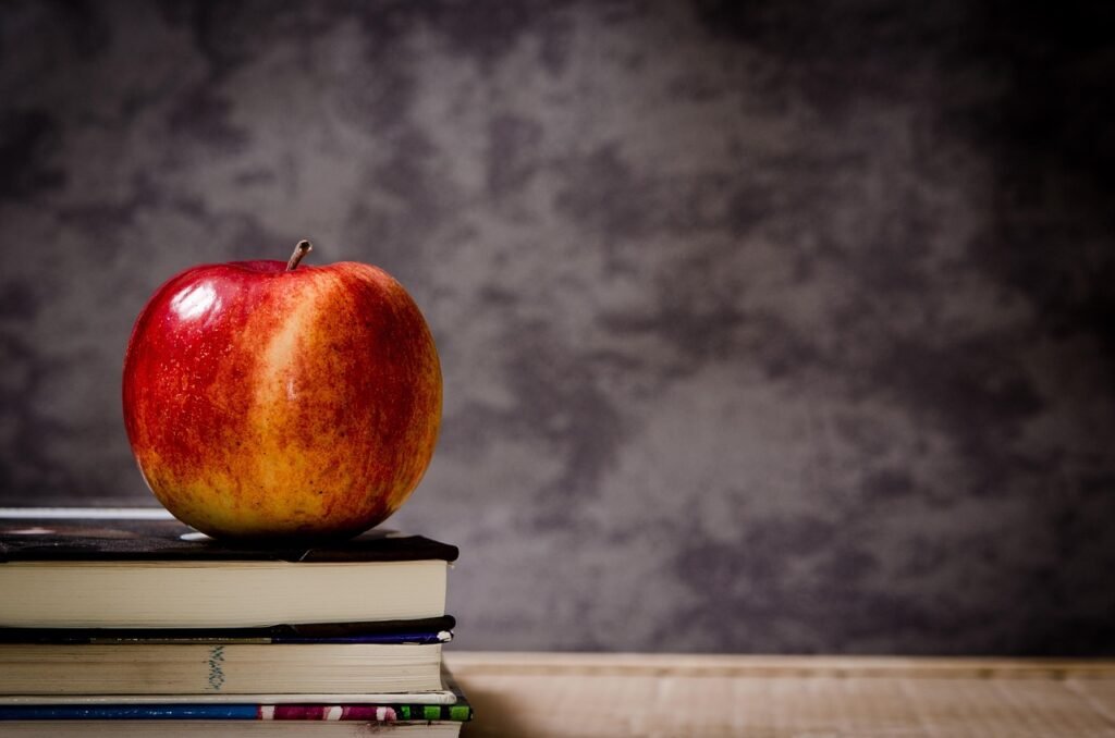 apple, books, classroom, red apple, fresh apple, fresh fruit, ripe, ripe apple, stack of books, delicious, fruit, apple, apple, apple, apple, apple, books